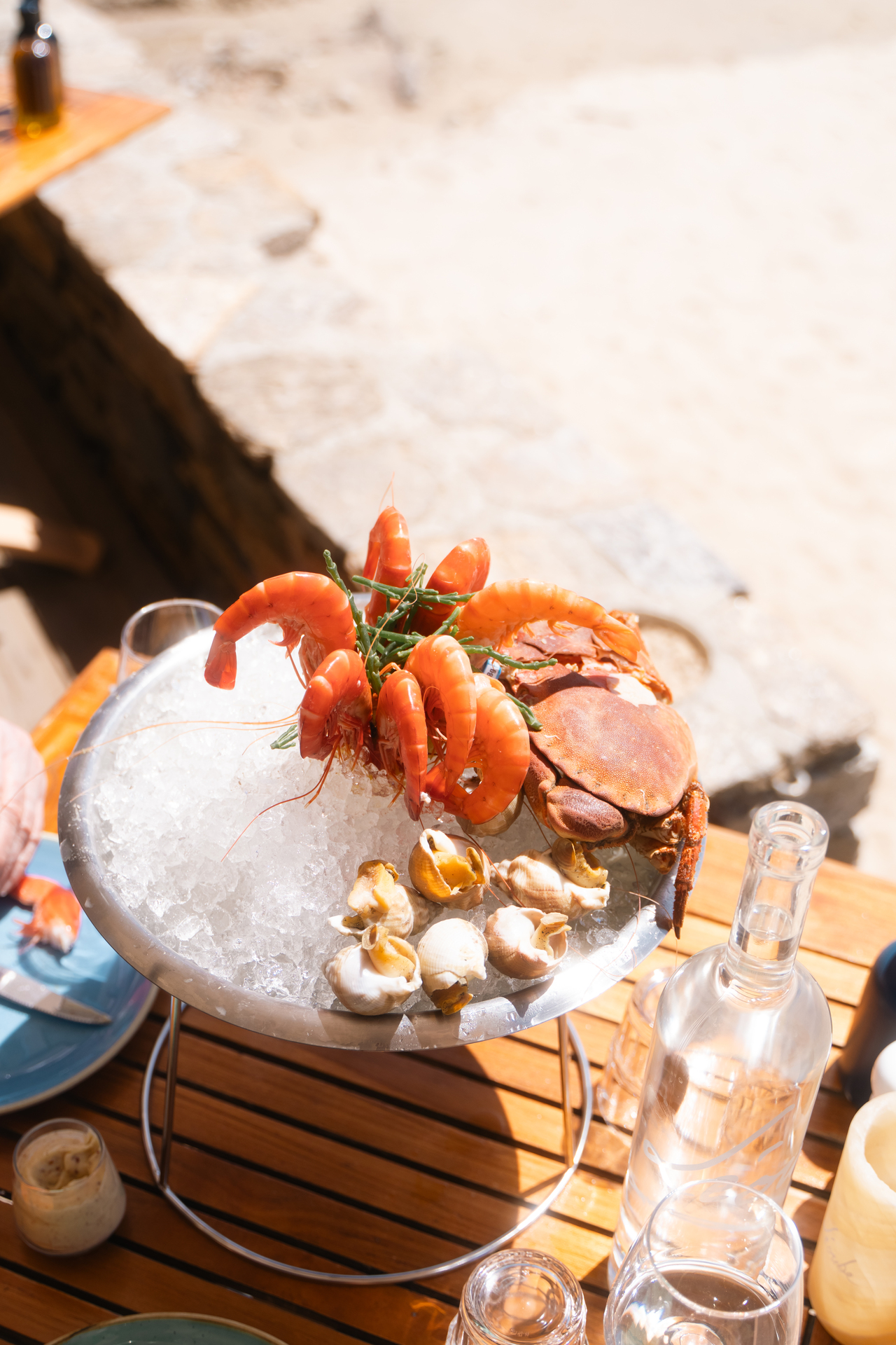 Plateau de fruits de mer de Noca Plage : gambas, tourteau et bulots sur glace, servi en terrasse au soleil